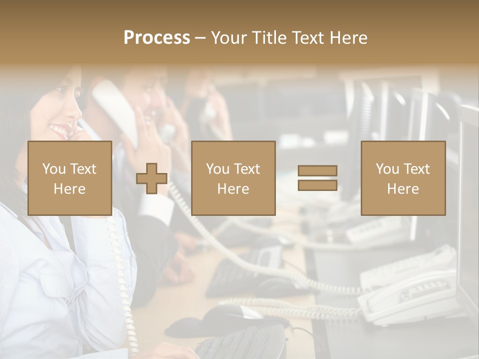 A Group Of People Sitting At A Desk Talking On Telephones PowerPoint Template