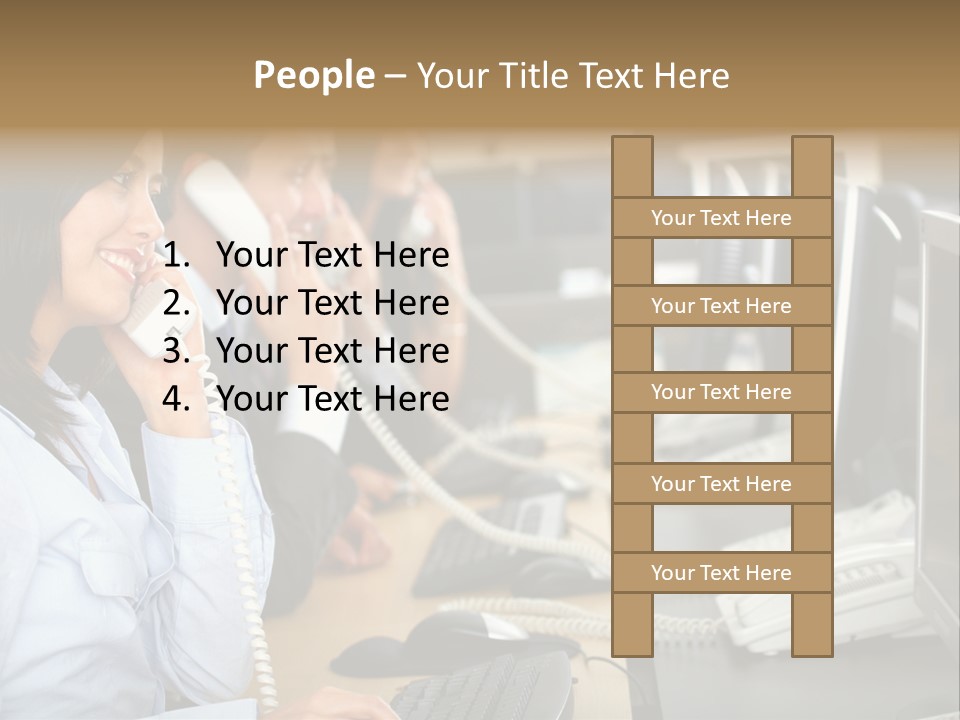 A Group Of People Sitting At A Desk Talking On Telephones PowerPoint Template