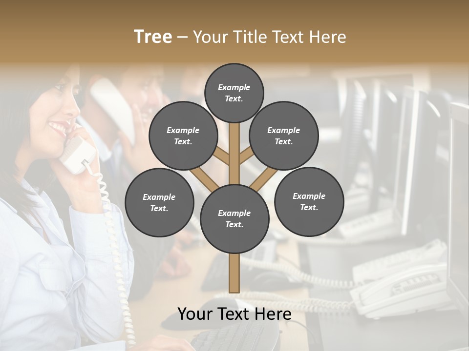 A Group Of People Sitting At A Desk Talking On Telephones PowerPoint Template