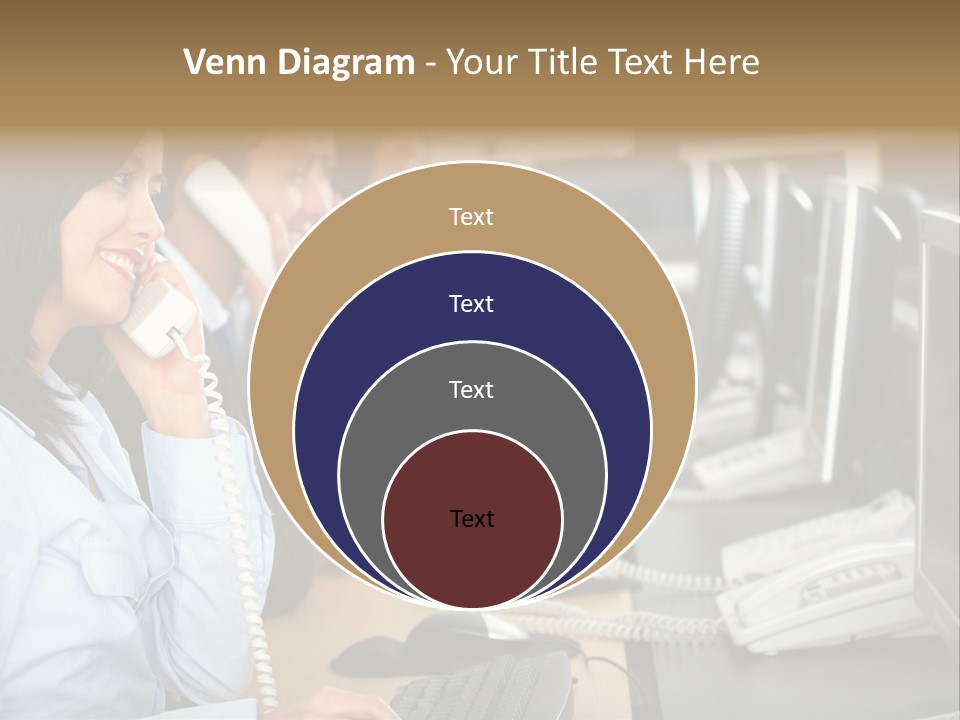 A Group Of People Sitting At A Desk Talking On Telephones PowerPoint Template