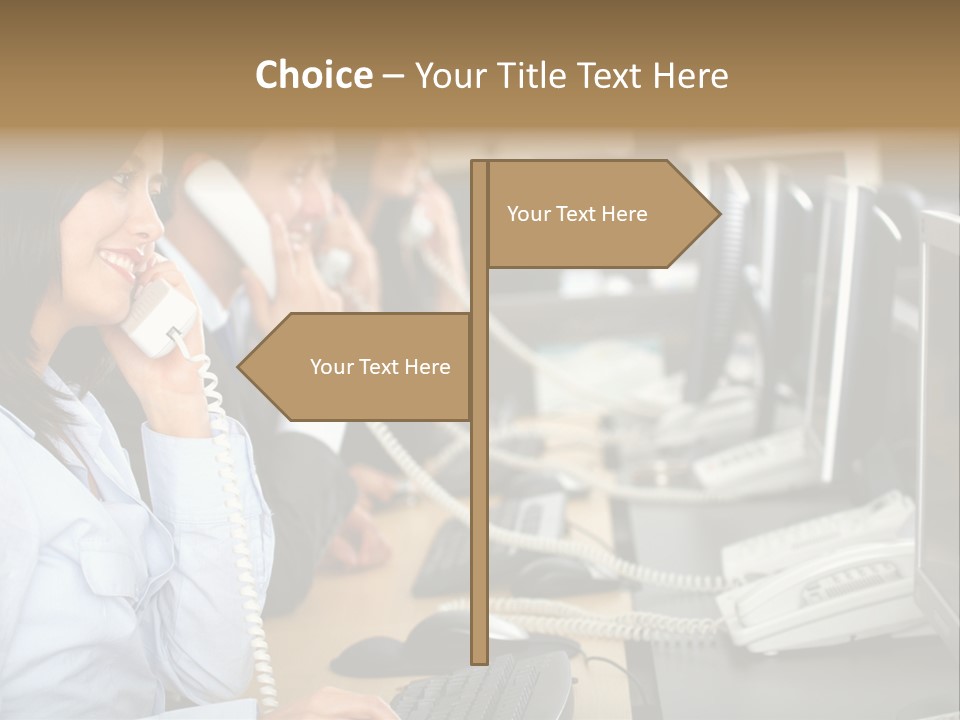 A Group Of People Sitting At A Desk Talking On Telephones PowerPoint Template