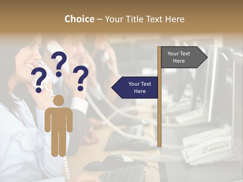 A Group Of People Sitting At A Desk Talking On Telephones PowerPoint Template