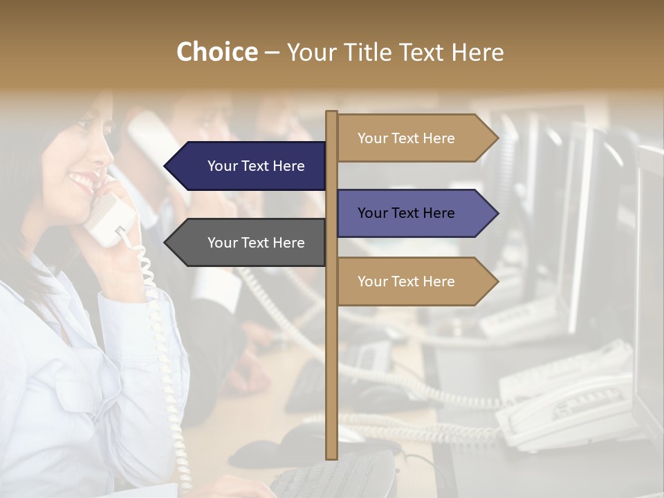 A Group Of People Sitting At A Desk Talking On Telephones PowerPoint Template