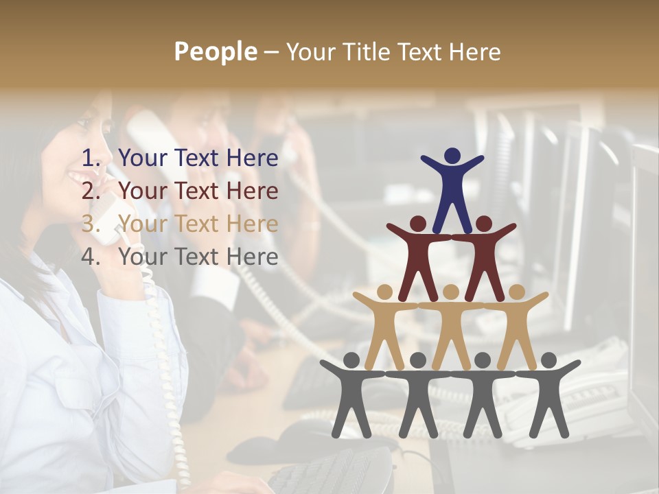 A Group Of People Sitting At A Desk Talking On Telephones PowerPoint Template