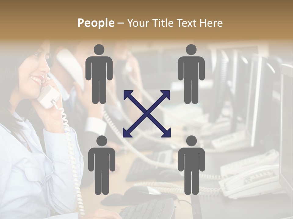A Group Of People Sitting At A Desk Talking On Telephones PowerPoint Template