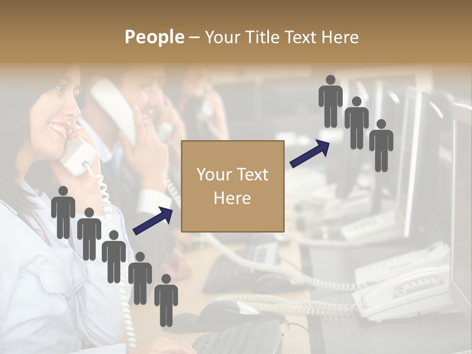 A Group Of People Sitting At A Desk Talking On Telephones PowerPoint Template