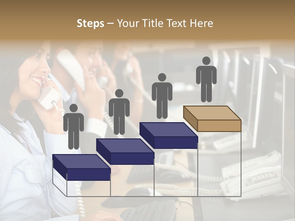 A Group Of People Sitting At A Desk Talking On Telephones PowerPoint Template
