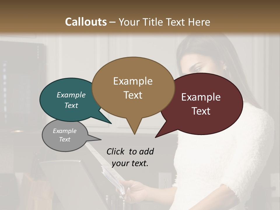 A Woman Using A Laptop Computer In A Kitchen PowerPoint Template