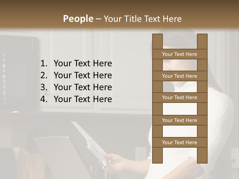A Woman Using A Laptop Computer In A Kitchen PowerPoint Template