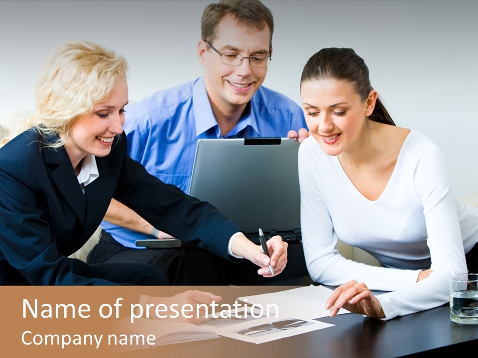 A Group Of People Sitting Around A Table With A Laptop PowerPoint Template