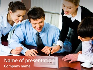 A Group Of People Sitting Around A Table Working On A Piece Of Paper PowerPoint Template