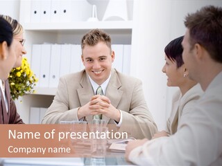 A Group Of People Sitting Around A Table Talking PowerPoint Template