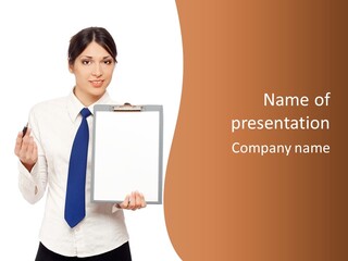 A Woman Holding A Clipboard With A Pen In Her Hand PowerPoint Template