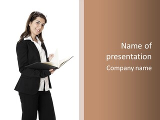 A Woman In A Business Suit Holding A Book PowerPoint Template