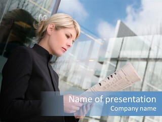 A Woman Reading A Piece Of Paper In Front Of A Building PowerPoint Template