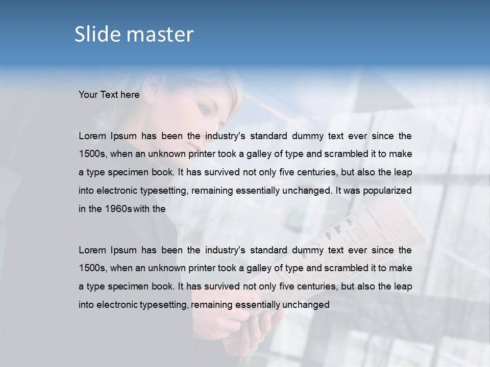 A Woman Reading A Piece Of Paper In Front Of A Building PowerPoint Template