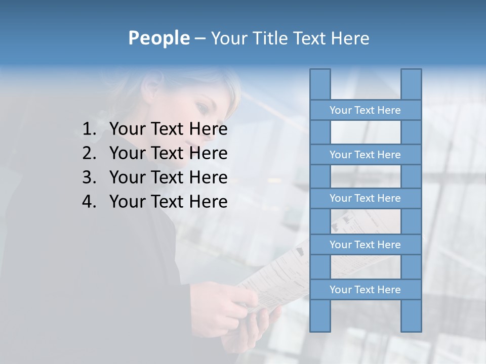 A Woman Reading A Piece Of Paper In Front Of A Building PowerPoint Template