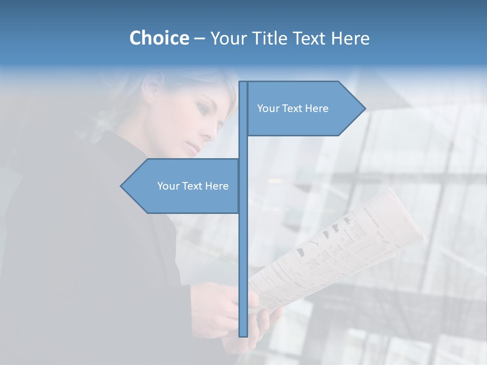 A Woman Reading A Piece Of Paper In Front Of A Building PowerPoint Template