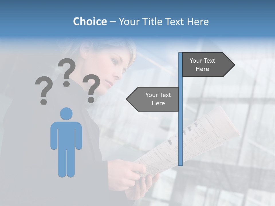 A Woman Reading A Piece Of Paper In Front Of A Building PowerPoint Template