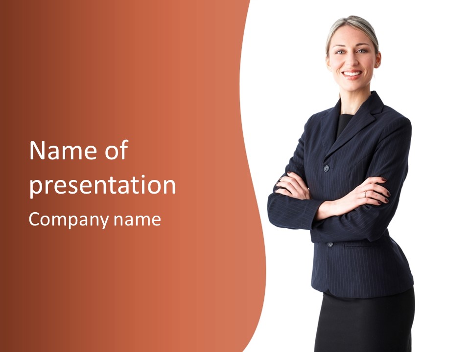 A Woman In A Business Suit Standing With Her Arms Crossed PowerPoint Template
