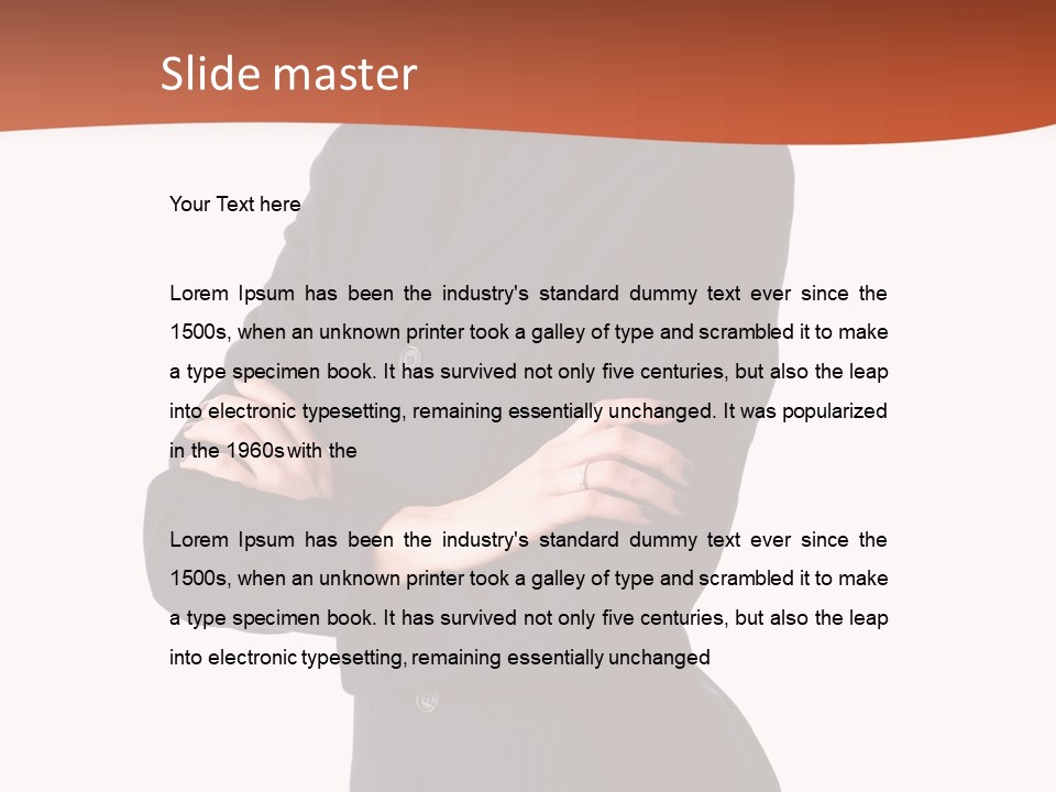 A Woman In A Business Suit Standing With Her Arms Crossed PowerPoint Template