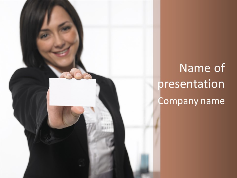 A Woman Holding A Business Card In Her Hand PowerPoint Template