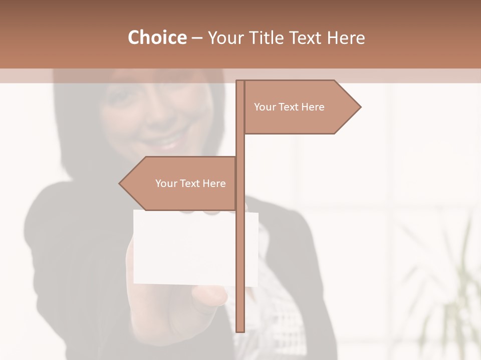 A Woman Holding A Business Card In Her Hand PowerPoint Template