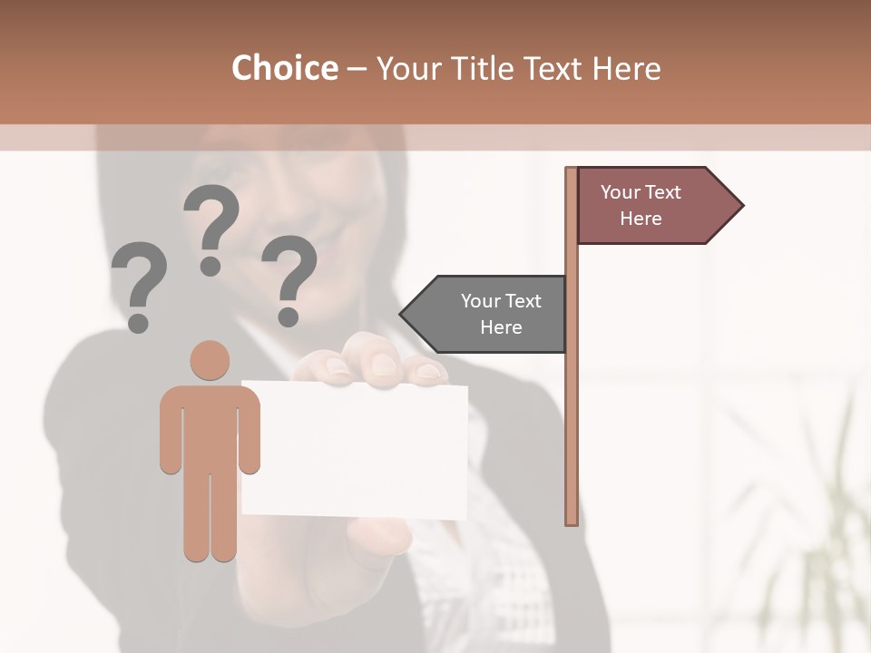A Woman Holding A Business Card In Her Hand PowerPoint Template