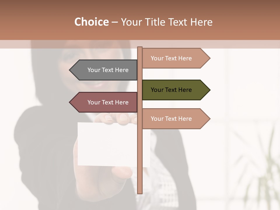 A Woman Holding A Business Card In Her Hand PowerPoint Template