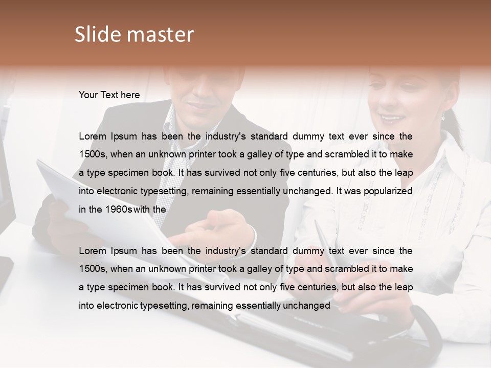 A Man And A Woman Sitting At A Table With Papers PowerPoint Template