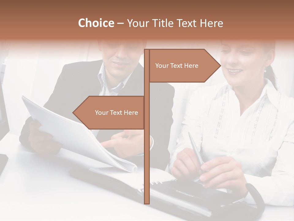 A Man And A Woman Sitting At A Table With Papers PowerPoint Template