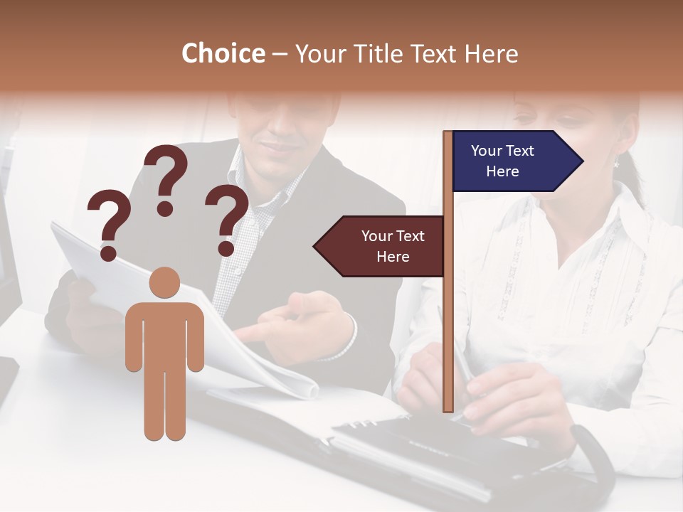 A Man And A Woman Sitting At A Table With Papers PowerPoint Template