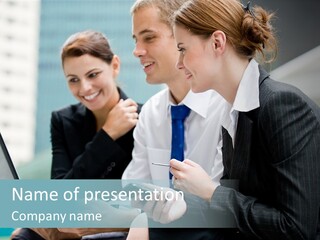 A Group Of Business People Looking At A Laptop Screen PowerPoint Template
