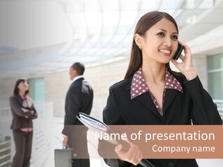 A Woman In A Business Suit Talking On A Cell Phone PowerPoint Template