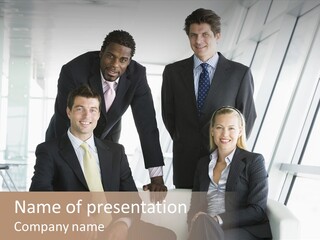 A Group Of Business People Standing Around A Table PowerPoint Template
