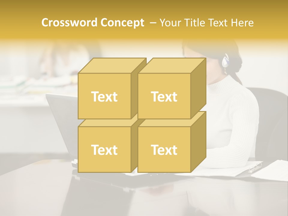 A Woman Sitting At A Desk Using A Laptop Computer PowerPoint Template