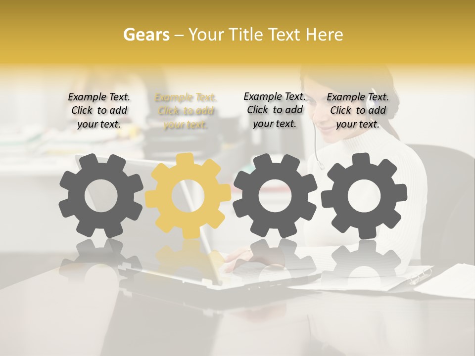 A Woman Sitting At A Desk Using A Laptop Computer PowerPoint Template