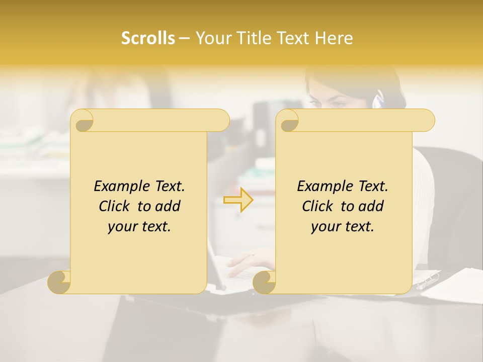 A Woman Sitting At A Desk Using A Laptop Computer PowerPoint Template