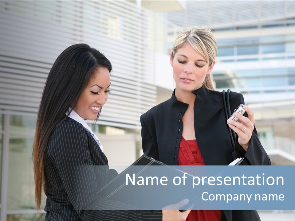 Two Women In Business Attire Looking At A Cell Phone PowerPoint Template