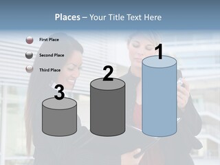 Two Women In Business Attire Looking At A Cell Phone PowerPoint Template