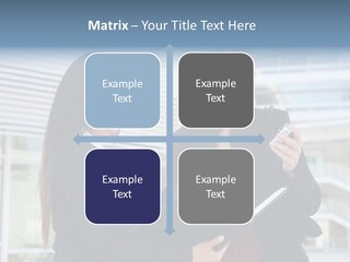 Two Women In Business Attire Looking At A Cell Phone PowerPoint Template