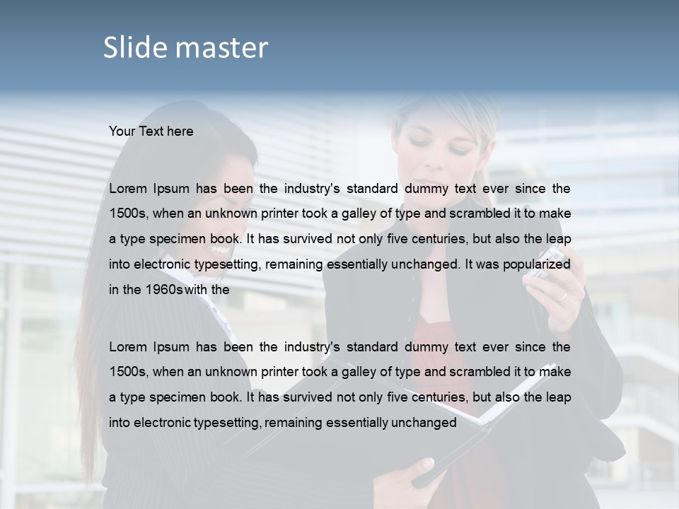 Two Women In Business Attire Looking At A Cell Phone PowerPoint Template