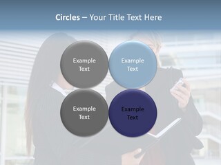 Two Women In Business Attire Looking At A Cell Phone PowerPoint Template