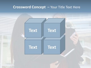 Two Women In Business Attire Looking At A Cell Phone PowerPoint Template