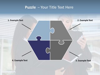 Two Women In Business Attire Looking At A Cell Phone PowerPoint Template