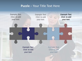 Two Women In Business Attire Looking At A Cell Phone PowerPoint Template