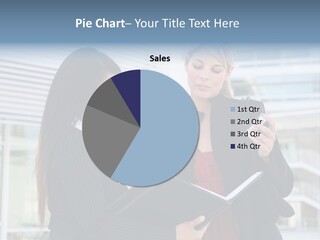 Two Women In Business Attire Looking At A Cell Phone PowerPoint Template