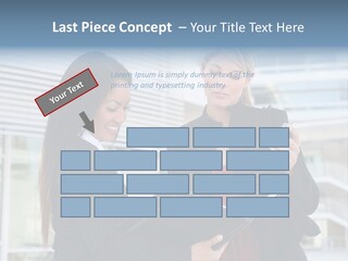 Two Women In Business Attire Looking At A Cell Phone PowerPoint Template
