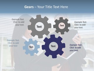 Two Women In Business Attire Looking At A Cell Phone PowerPoint Template