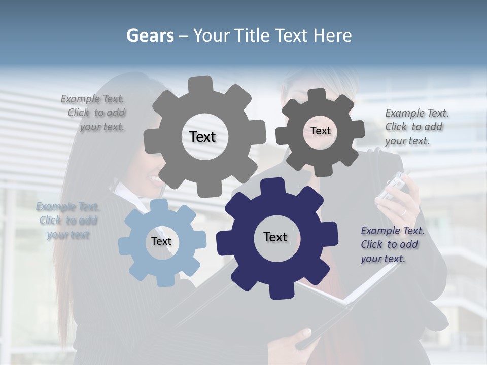 Two Women In Business Attire Looking At A Cell Phone PowerPoint Template